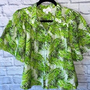 NWOT Charter Club Linen Tropical Frond Wide Flutter Sleeve Button Crop Blouse